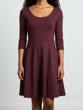 Pact Fit And Flare Scoop  Long Sleeve Mini Dress in Wine M